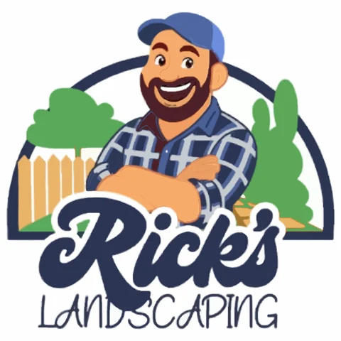Rick's Landscaping logo: cartoon Rick in his cap and flannel shirt, arms crossed, in front of a timber fence and trees